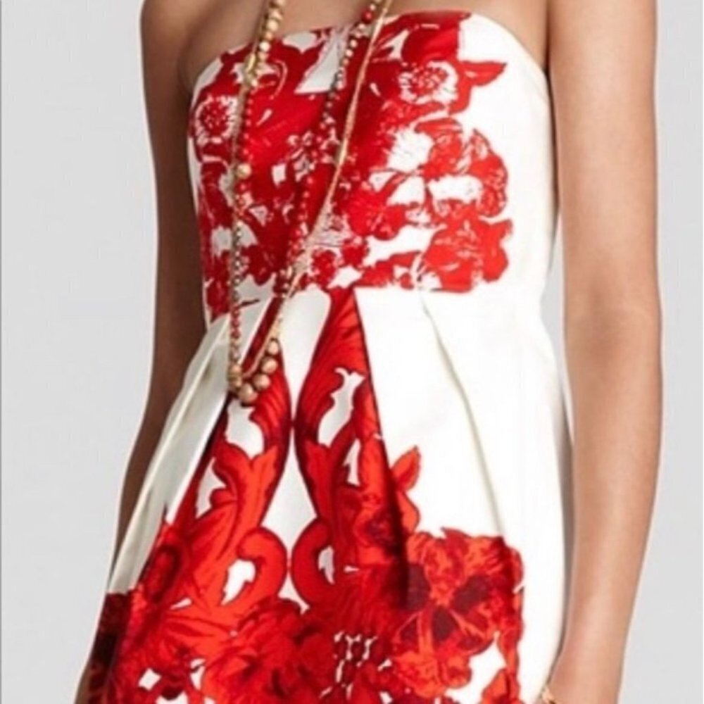 Tibi Rococo Vibrant Red and Cream 100% Silk Floral Boned Strapless Cocktail Dres - Picture 2 of 8